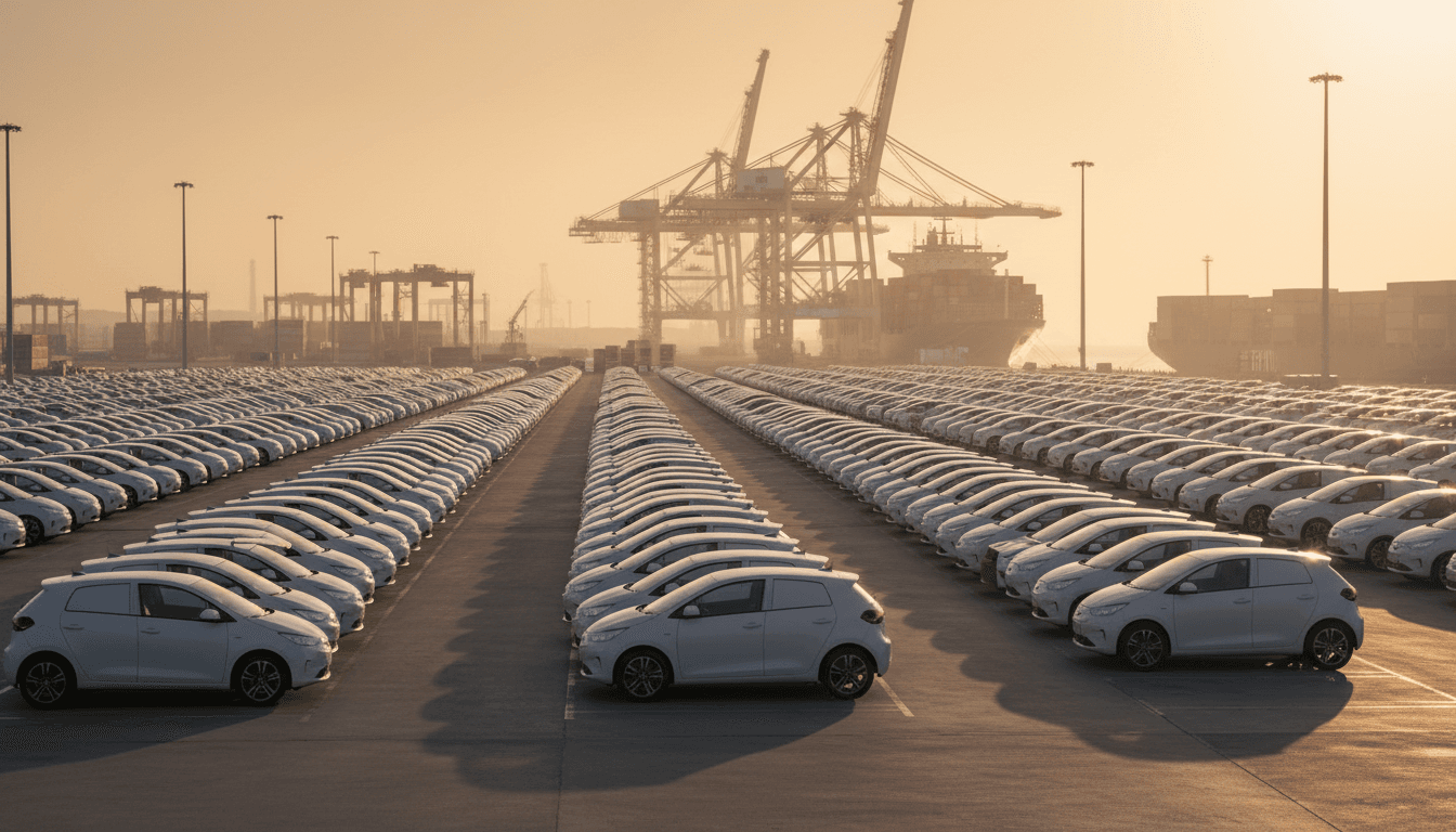 File ordinate di piccole auto elettriche appena sbarcate in un porto commerciale europeo al tramonto