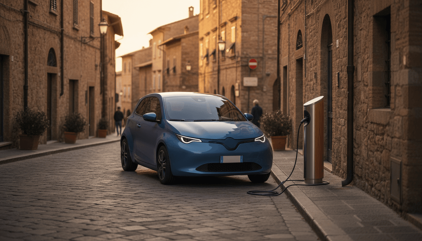 Una city car elettrica generica parcheggiata su una strada acciottolata in un borgo italiano al tramonto, vicino a una colonnina di ricarica