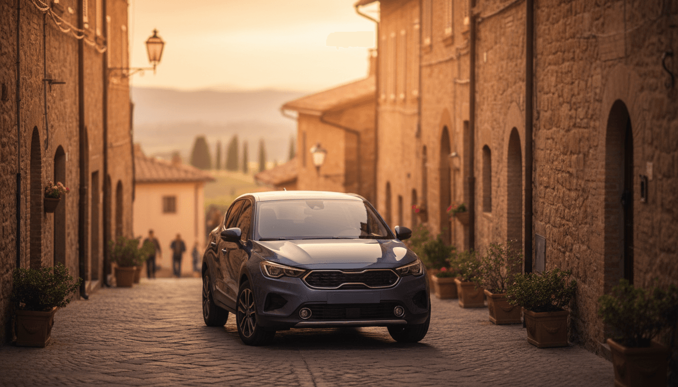 Una city SUV compatta parcheggiata su una strada acciottolata di un centro storico italiano al tramonto