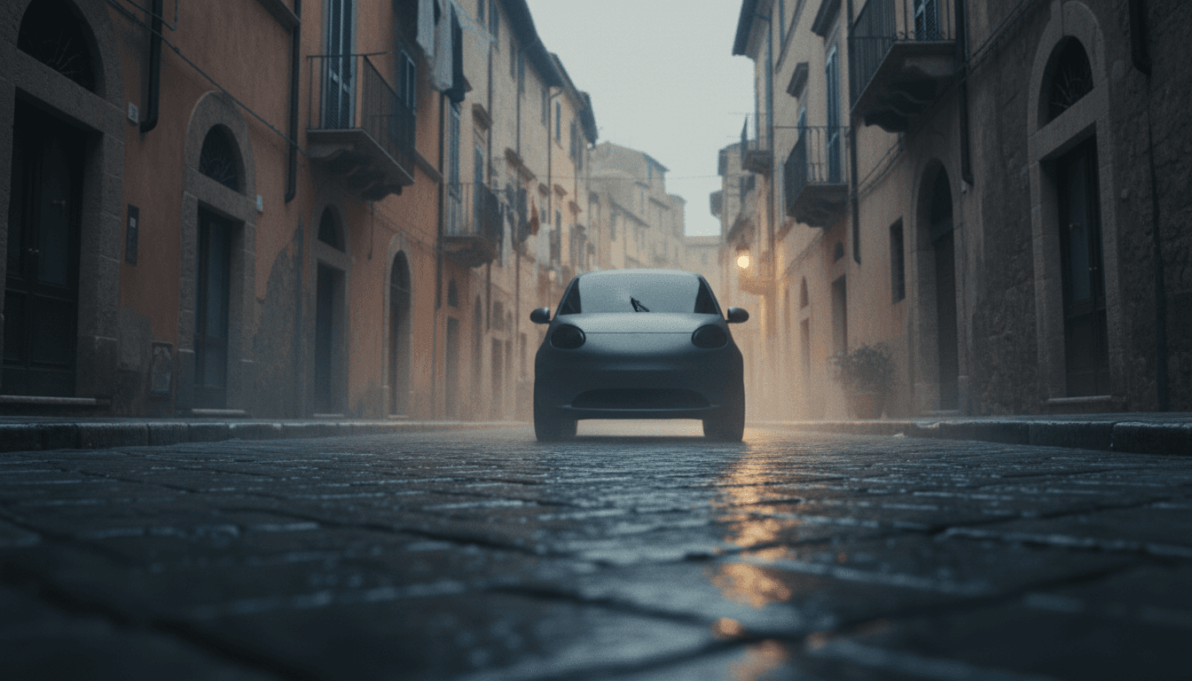 Piccola auto elettrica parcheggiata all'alba in una via di un centro storico italiano, luce soffusa e ciottoli bagnati