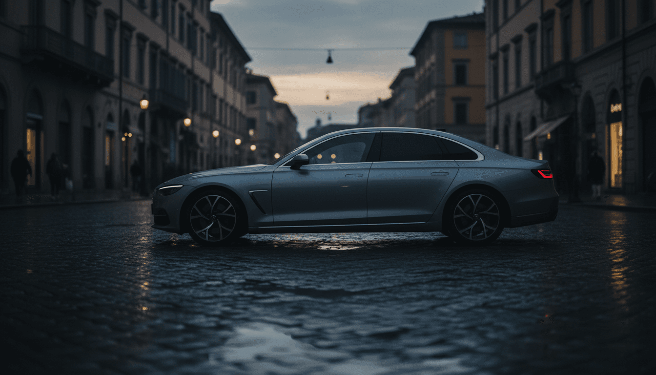 Berlina executive generica in controluce su una strada cittadina italiana al tramonto
