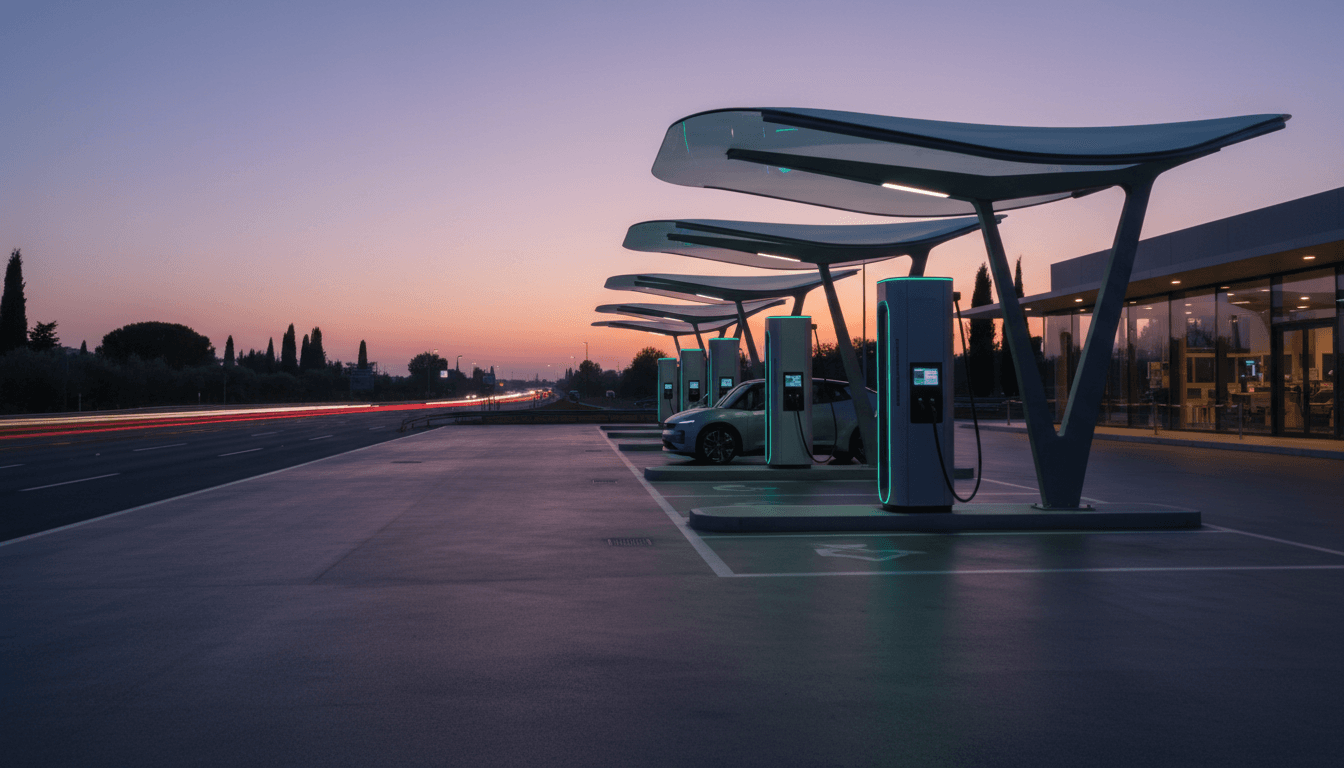 Colonnina di ricarica per auto elettriche in un'area di servizio autostradale italiana al tramonto