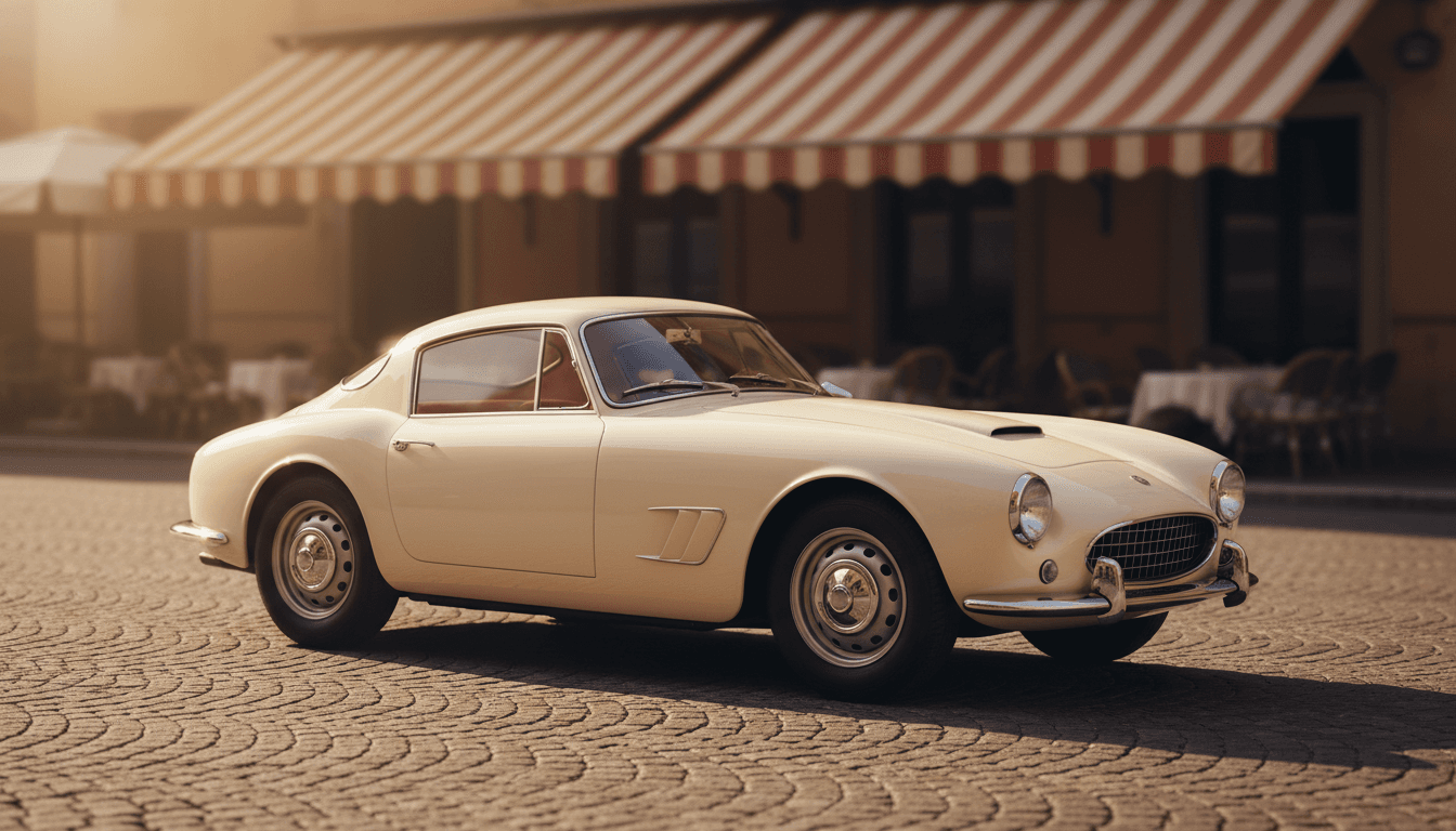 Auto d'epoca italiana parcheggiata in una piazza storica al tramonto