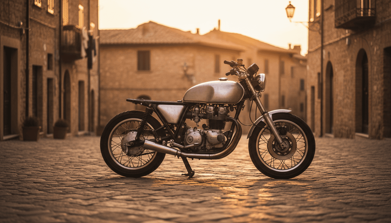 Moto usata parcheggiata in un borgo italiano al tramonto