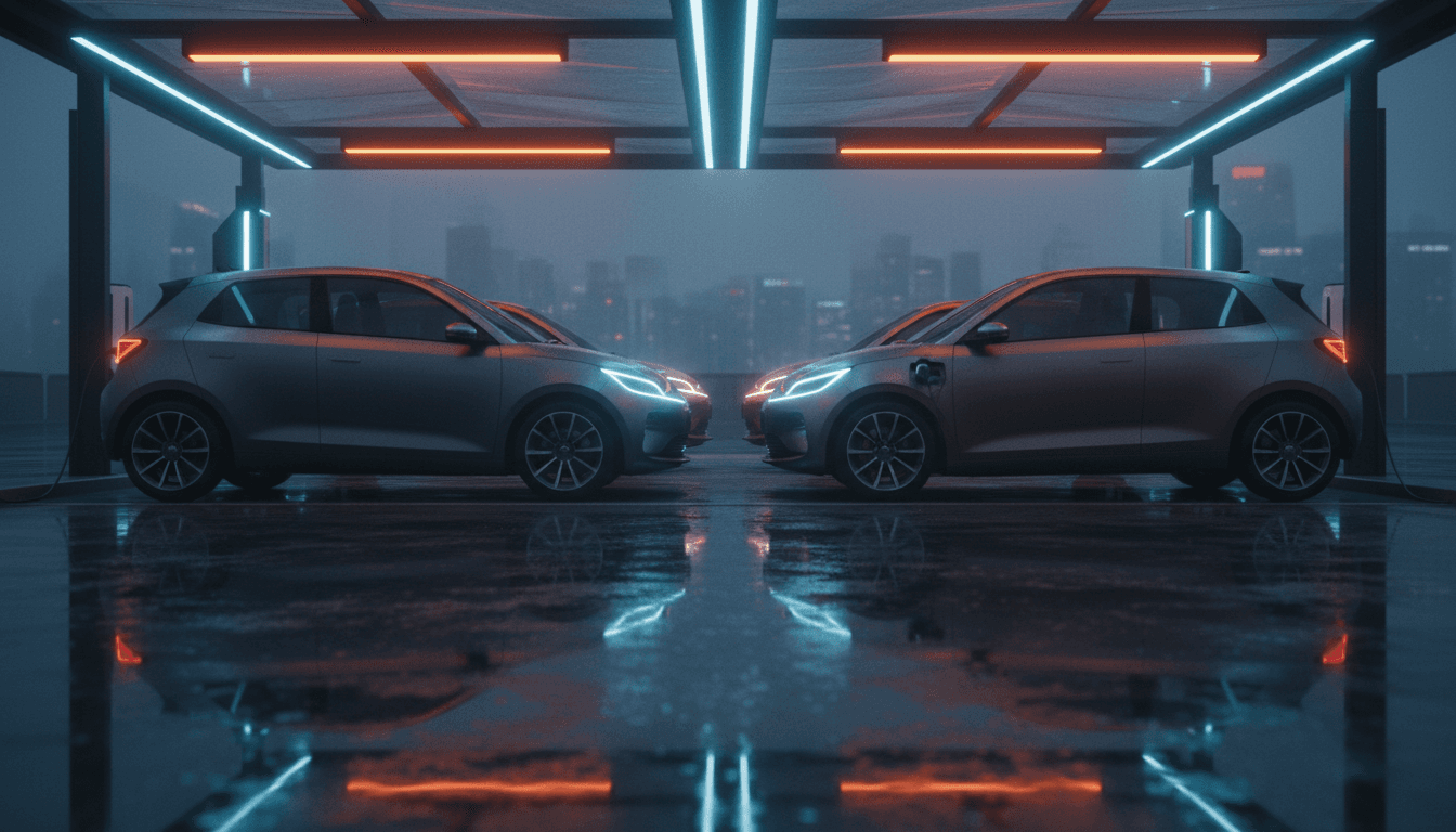 Due auto elettriche compatte generiche parcheggiate una di fronte all'altra sotto una pensilina di ricarica al tramonto, con riflessi di luce al neon sull'asfalto bagnato