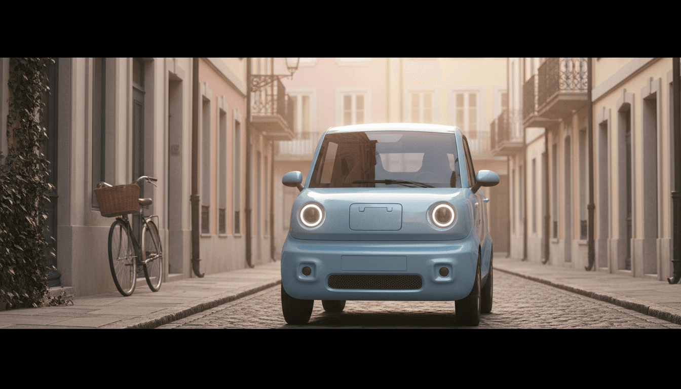 Una piccola city car elettrica dal design compatto parcheggiata su una strada europea al tramonto