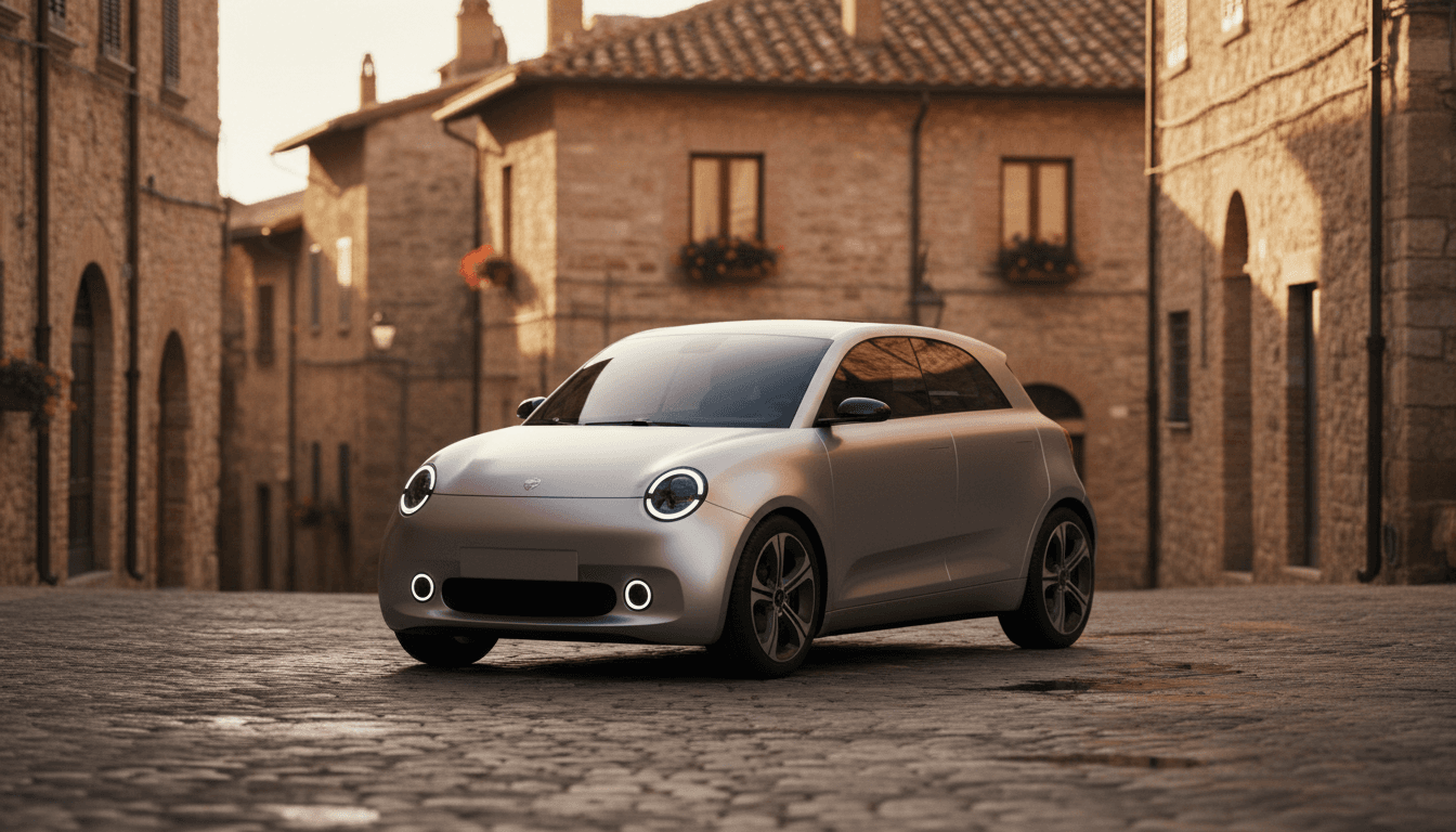 Piccola auto elettrica parcheggiata su una strada acciottolata di una citta' italiana al tramonto