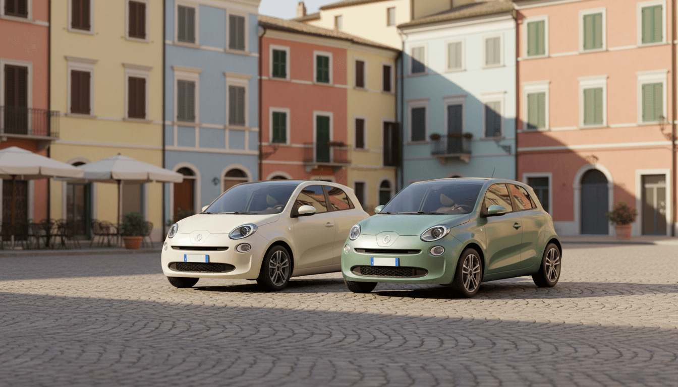 Due city car elettriche low cost parcheggiate fianco a fianco in una piazza italiana