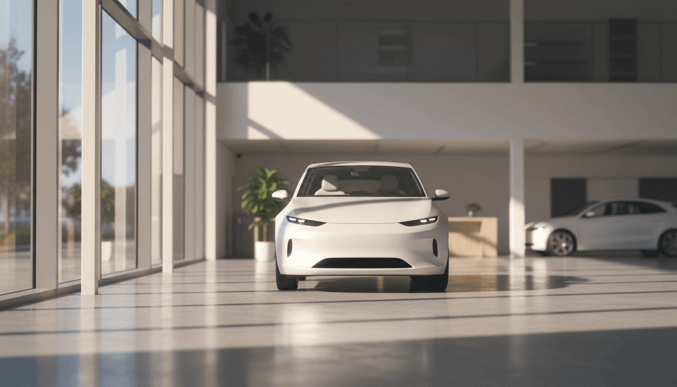Auto elettrica in uno showroom italiano illuminato dalla luce del pomeriggio