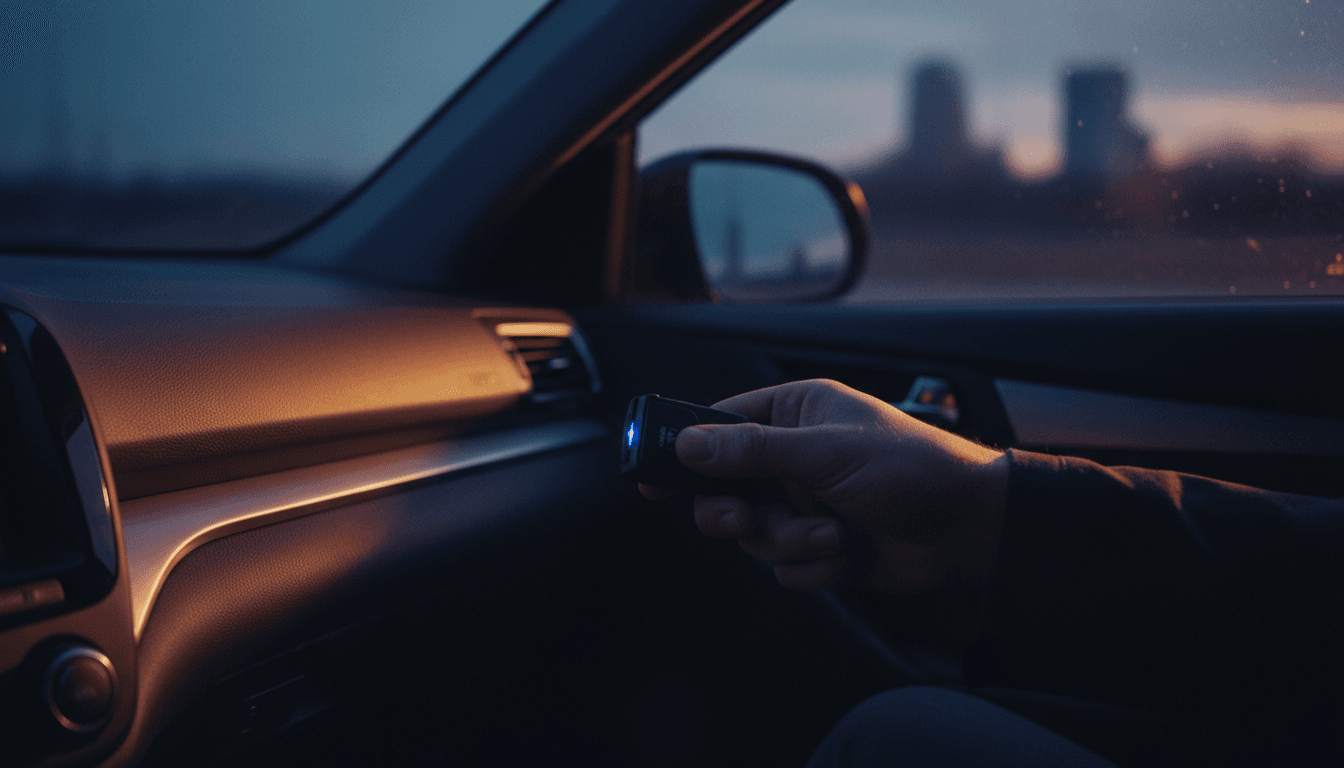 Mano che collega un piccolo dispositivo diagnostico OBD alla presa sotto il cruscotto di un'auto, luce ambientale soffusa