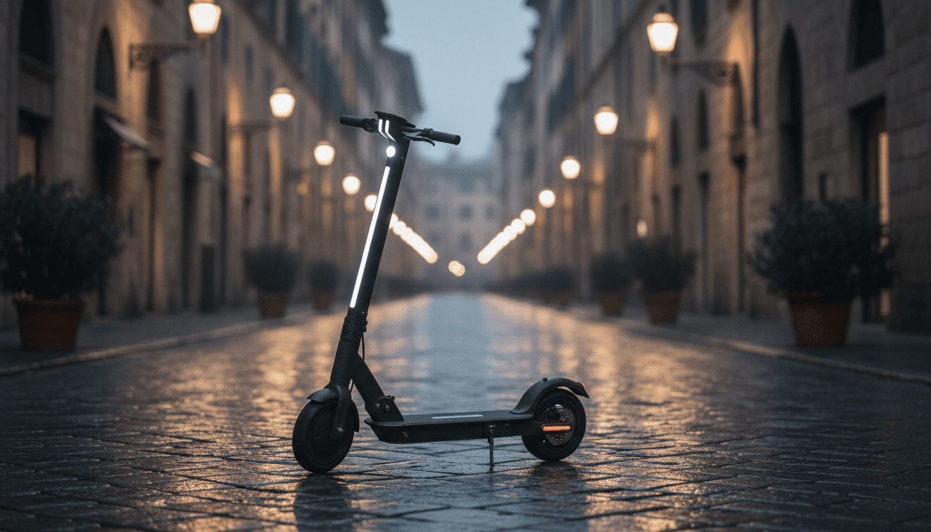 Uno scooter elettrico parcheggiato al tramonto su una strada acciottolata di una città italiana