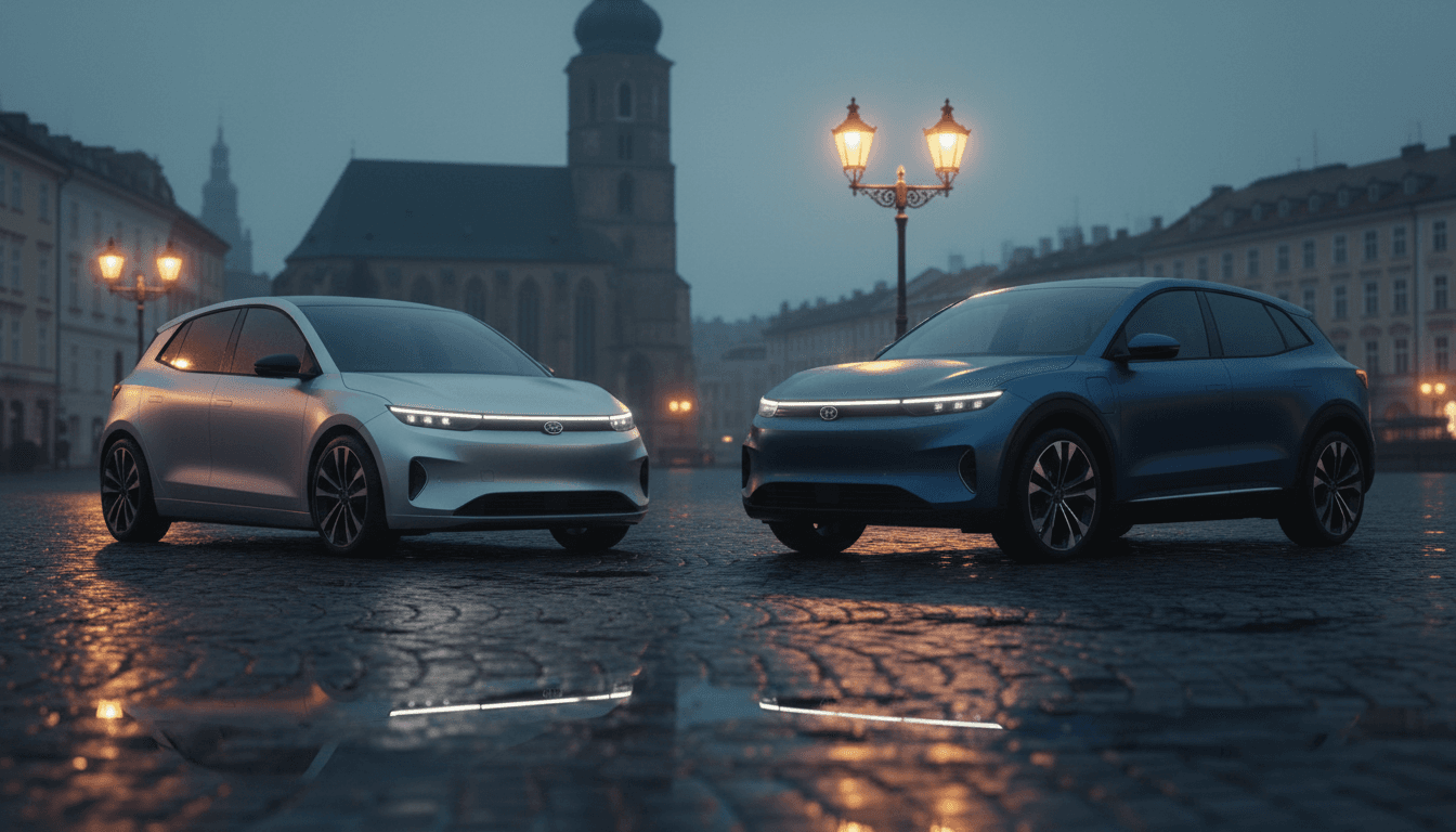 Due auto elettriche generiche parcheggiate in una piazza europea al tramonto, luci calde e riflessi sull'asfalto bagnato