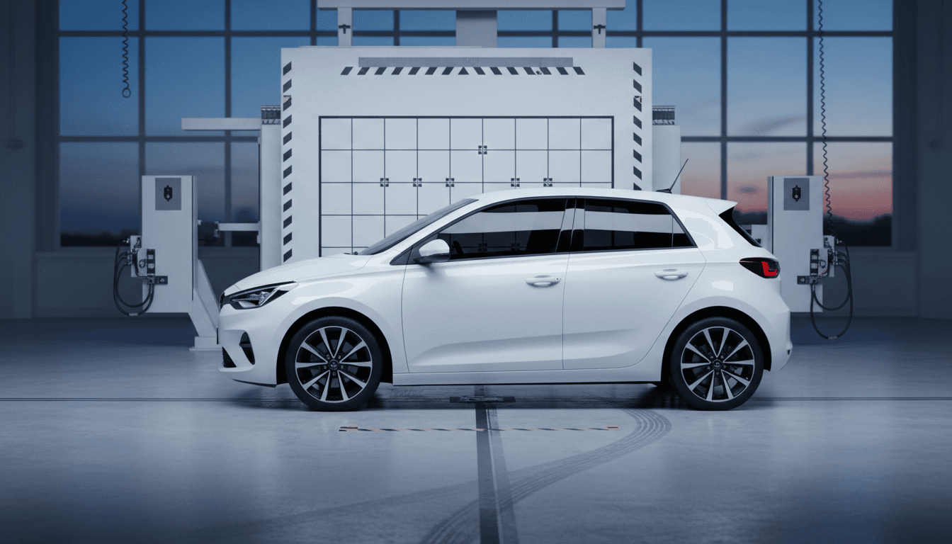 Auto elettrica compatta in un laboratorio di crash test europeo, illuminazione tecnica soffusa