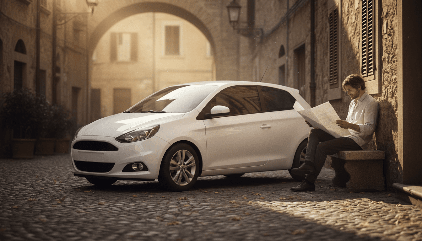 Persona che controlla i documenti accanto a un'auto usata parcheggiata in una strada italiana