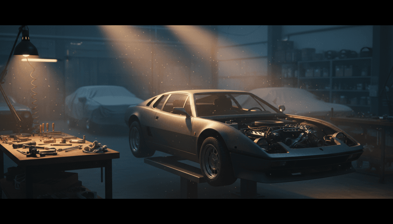 Un'officina di restauro auto d'epoca illuminata da luci calde, con una supercar analogica anni '80 in fase di smontaggio