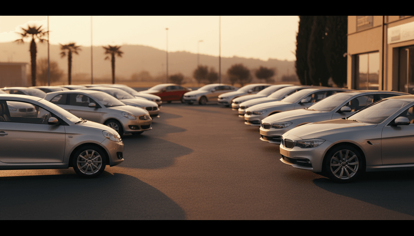 Fila di auto usate parcheggiate in un concessionario italiano al tramonto