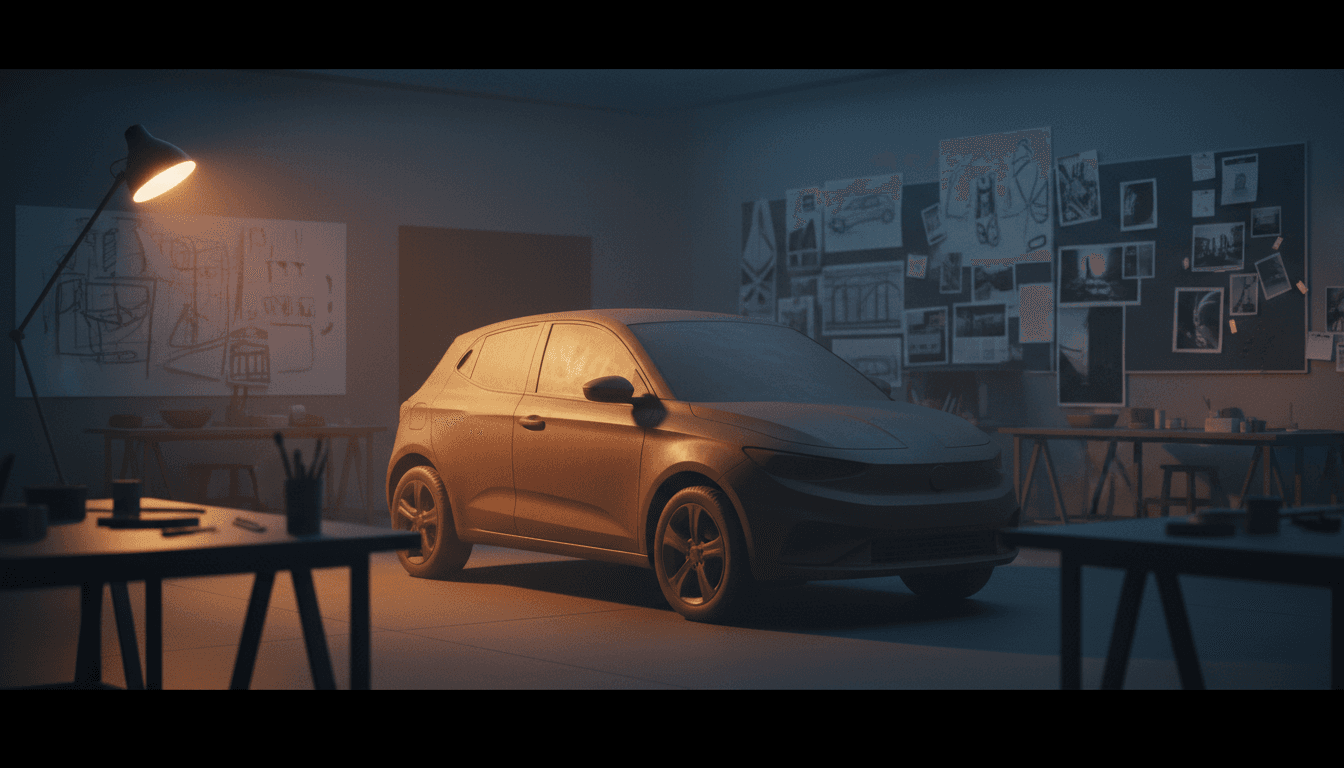 Un modello in argilla di un'auto compatta illuminato in uno studio di design automobilistico al crepuscolo