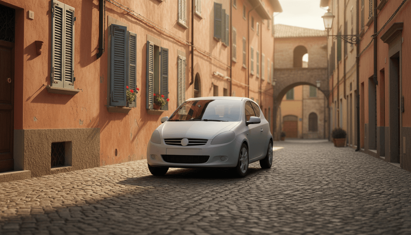 Piccola city car parcheggiata in una strada acciottolata italiana al mattino