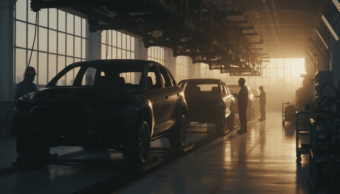 Linea di montaggio automobilistica al crepuscolo con silhouette di SUV senza marchi visibili