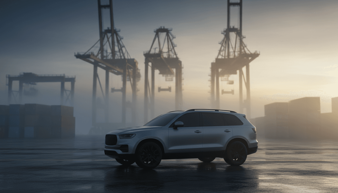 SUV di grandi dimensioni fotografato in controluce all'alba su una banchina industriale nebbiosa, senza loghi ne scritte visibili