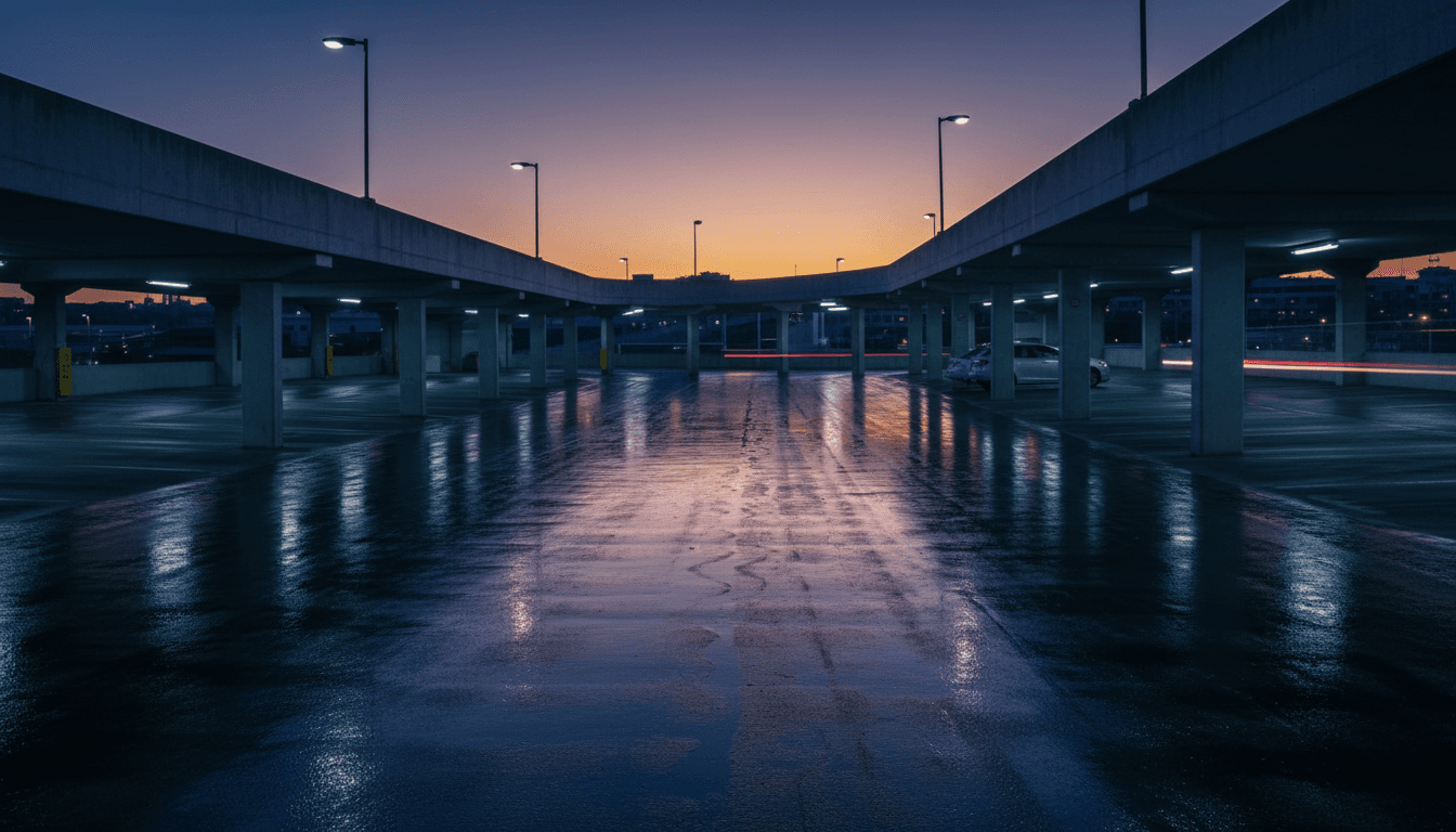 Parcheggio urbano al crepuscolo, atmosfera di attenzione e sicurezza legata all'auto