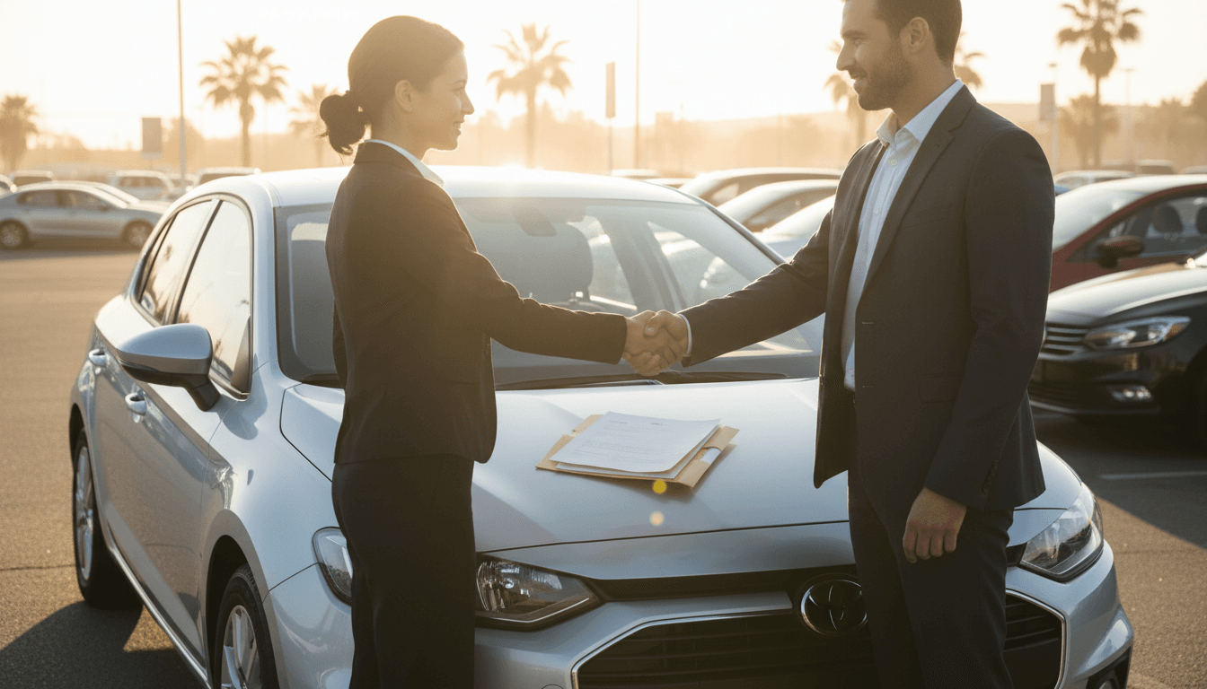 Stretta di mano accanto a un'auto usata con i documenti di vendita