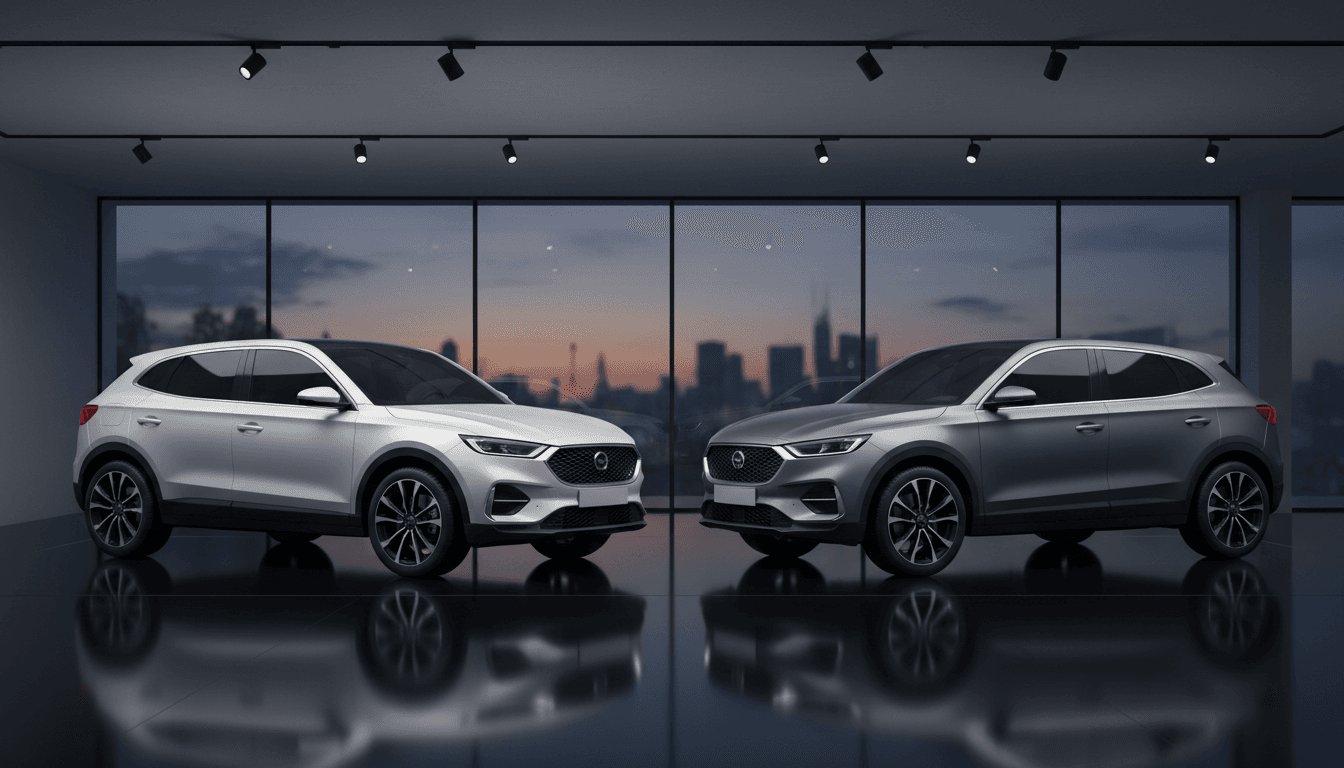 Due SUV compatti premium tedeschi, uno argento e uno grigio antracite, affiancati in uno showroom moderno