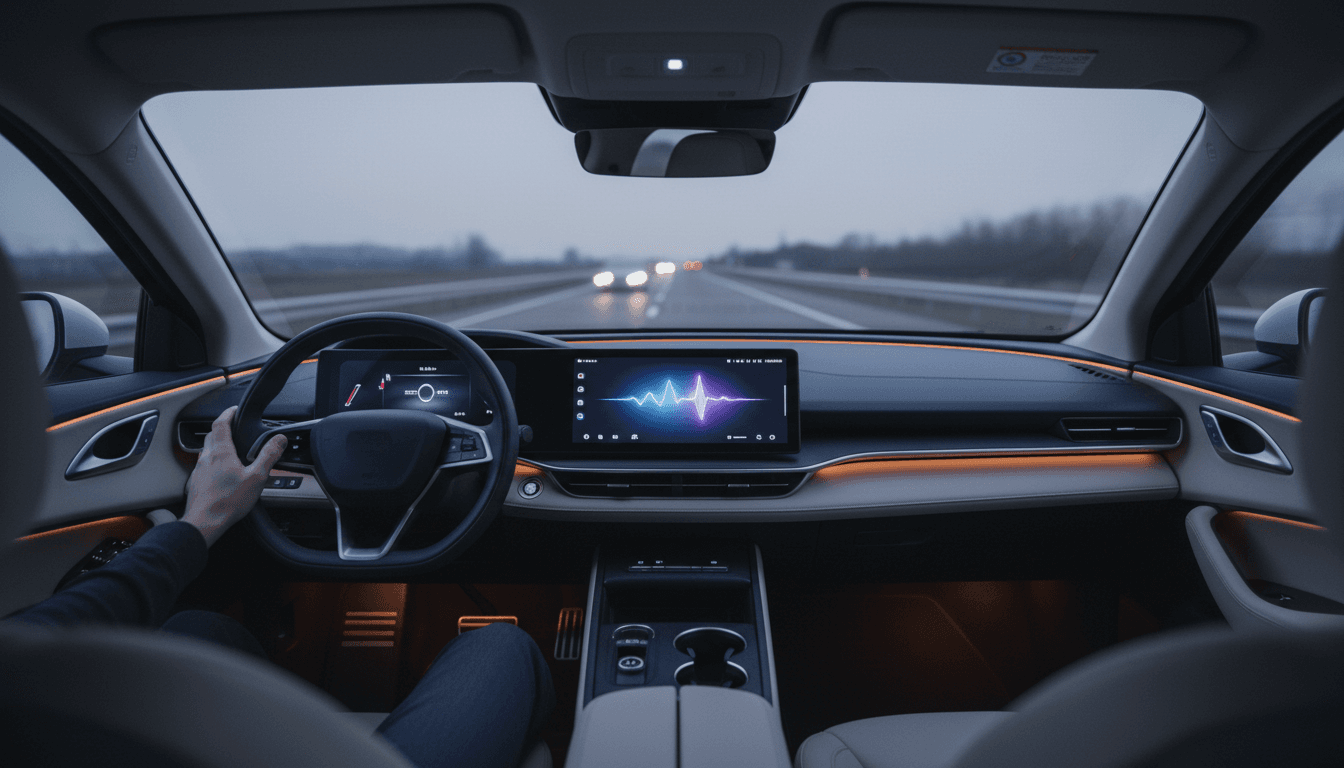 Plancia di un'auto moderna al crepuscolo con schermo infotainment illuminato da un'animazione astratta simile a un assistente vocale