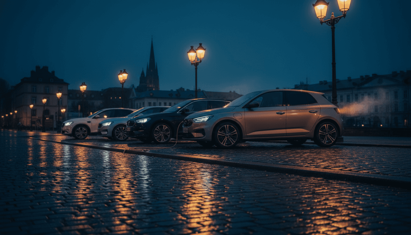 Tre citycar moderne parcheggiate in fila su una strada europea all'ora blu, con un cavo di ricarica accanto a una di esse, senza loghi né scritte.