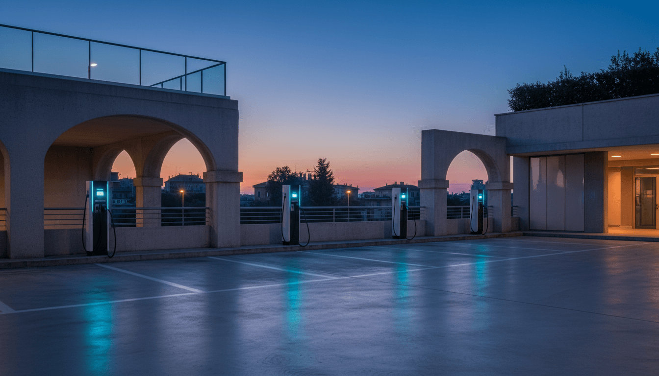 Colonnina di ricarica per auto elettriche vuota al tramonto in un parcheggio urbano italiano