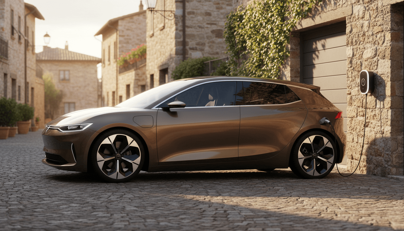 Auto elettrica generica parcheggiata al tramonto accanto a una colonnina di ricarica domestica