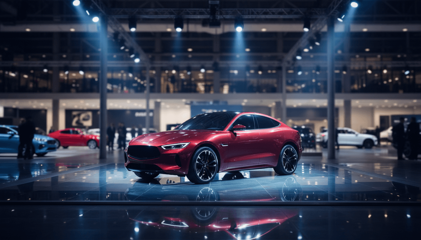 SUV coupé illuminata da luci calde e fredde su un pavimento riflettente in un salone dell'auto