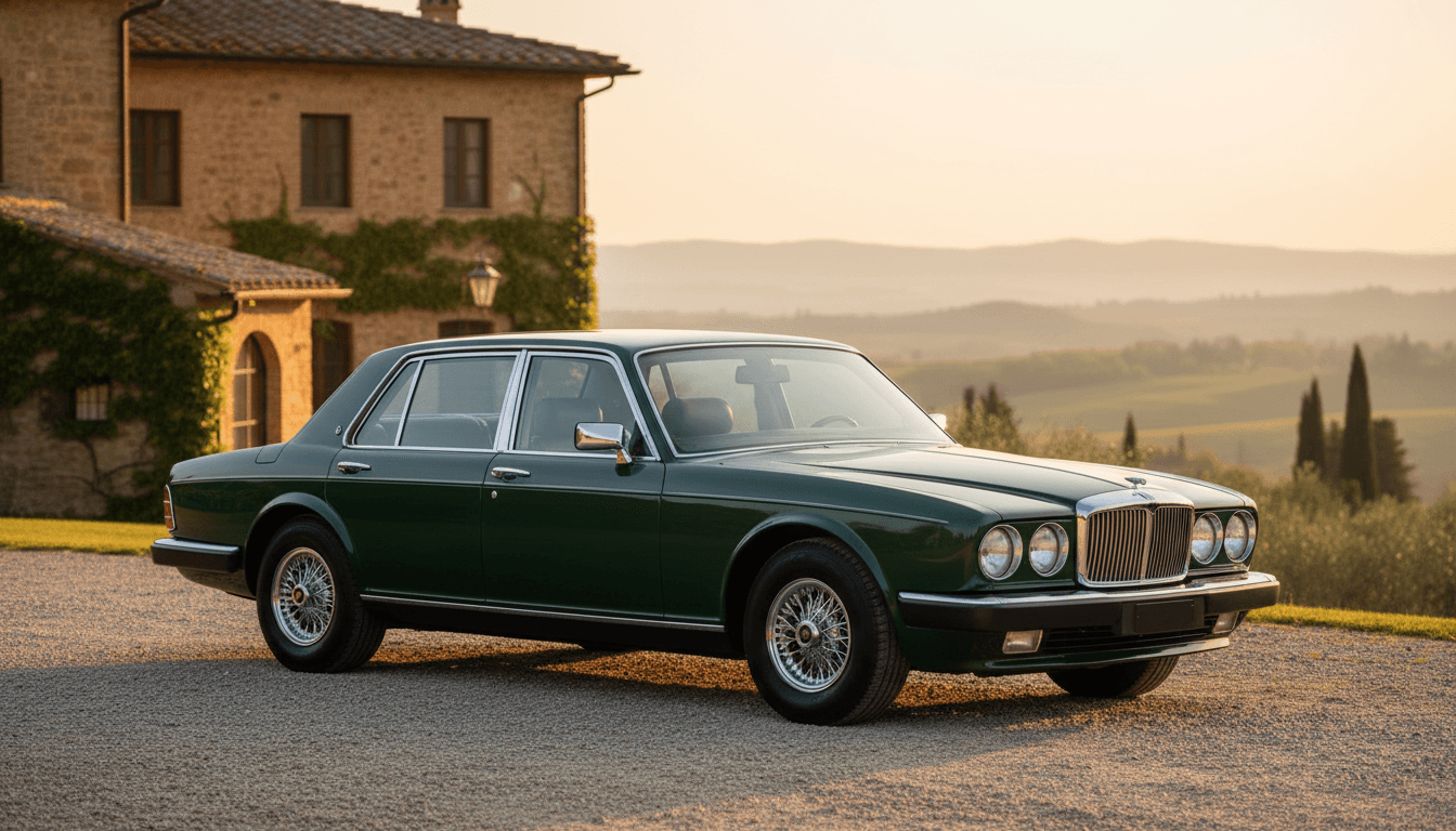 Berlina inglese anni Ottanta color verde scuro fotografata al tramonto davanti a una villa in pietra in campagna toscana