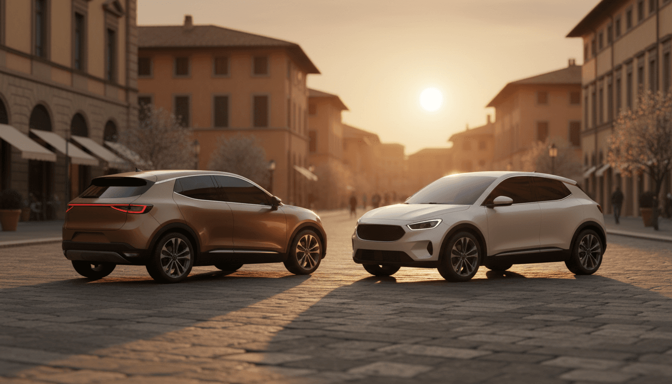 Due SUV compatti ibridi parcheggiati fianco a fianco su una strada italiana al tramonto