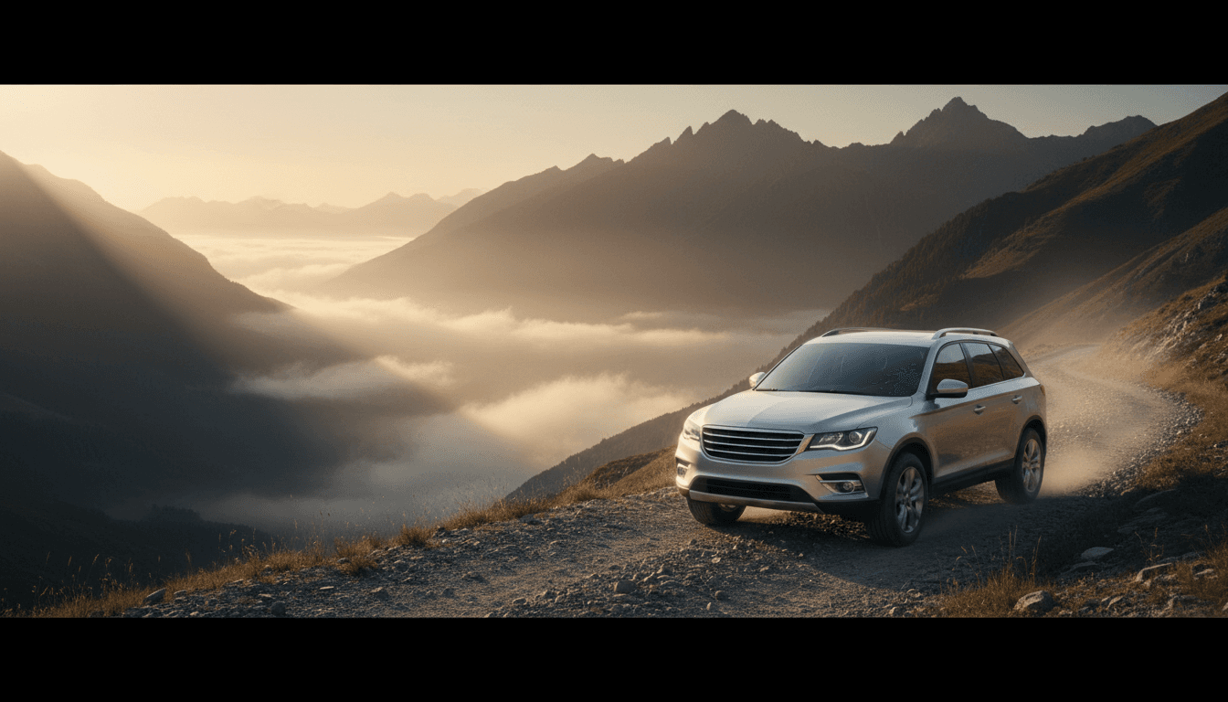 SUV che affronta una strada sterrata di montagna al tramonto, con nebbia leggera nella vallata sullo sfondo