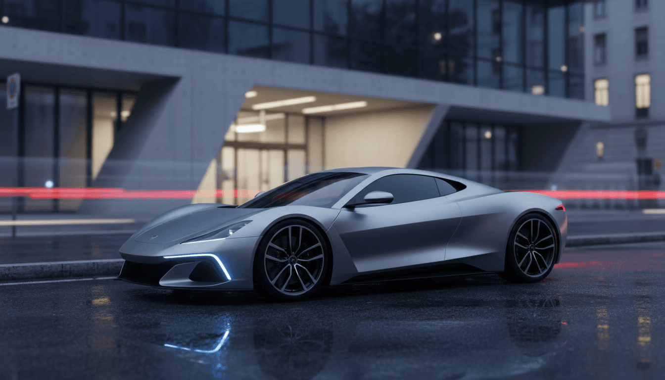 Supercar ibrida grigia con luci blu e rosse ferma davanti a una stazione di polizia al tramonto