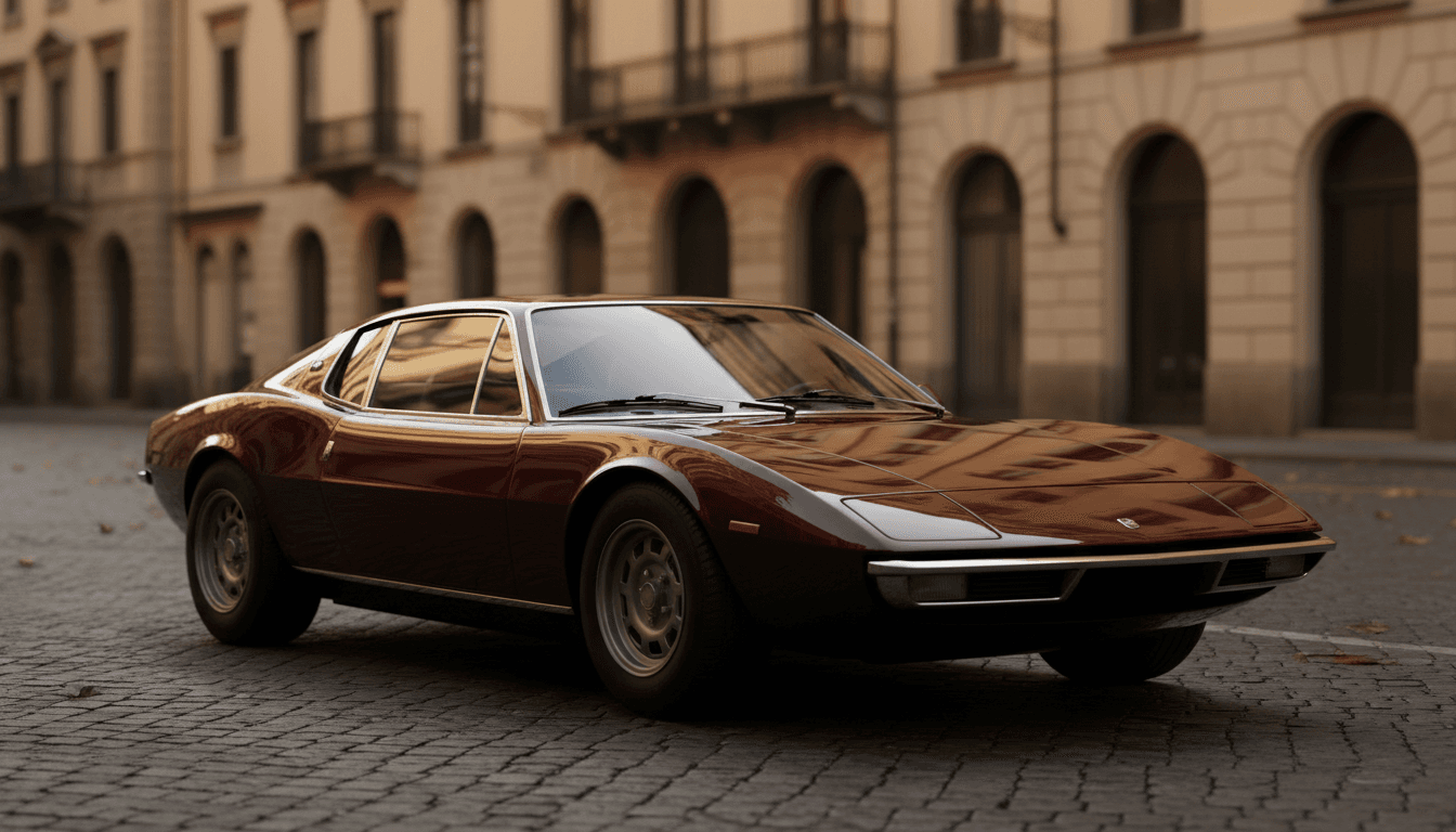 Una elegante coupé italiana anni Settanta dalle linee basse e filanti, parcheggiata su una strada acciottolata al tramonto
