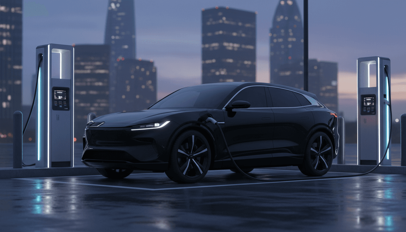 SUV premium ibrido plug-in in ricarica rapida a una colonnina pubblica al tramonto