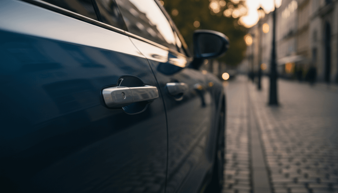 Primo piano di una maniglia a scomparsa di un'auto elettrica parzialmente estratta, illuminata dalla luce della sera