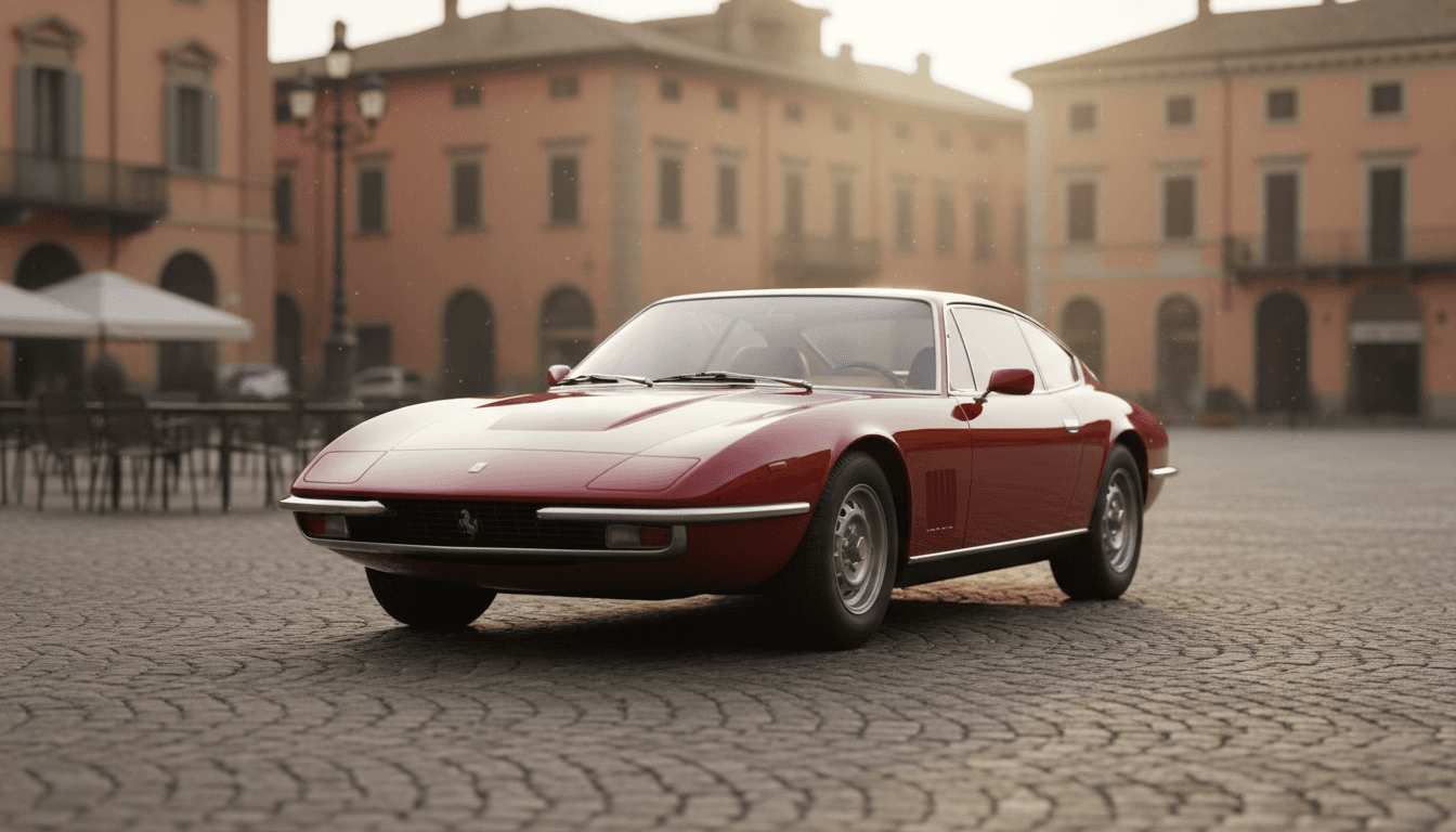 Una Maserati d'epoca color argento parcheggiata su una piazza acciottolata al tramonto