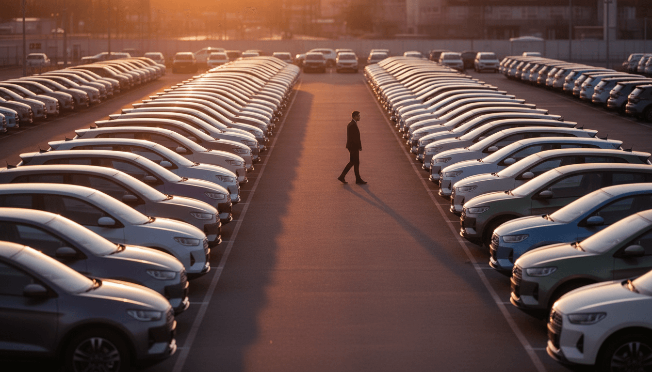 Fila di auto generiche in un piazzale al tramonto, atmosfera da mercato dell'usato