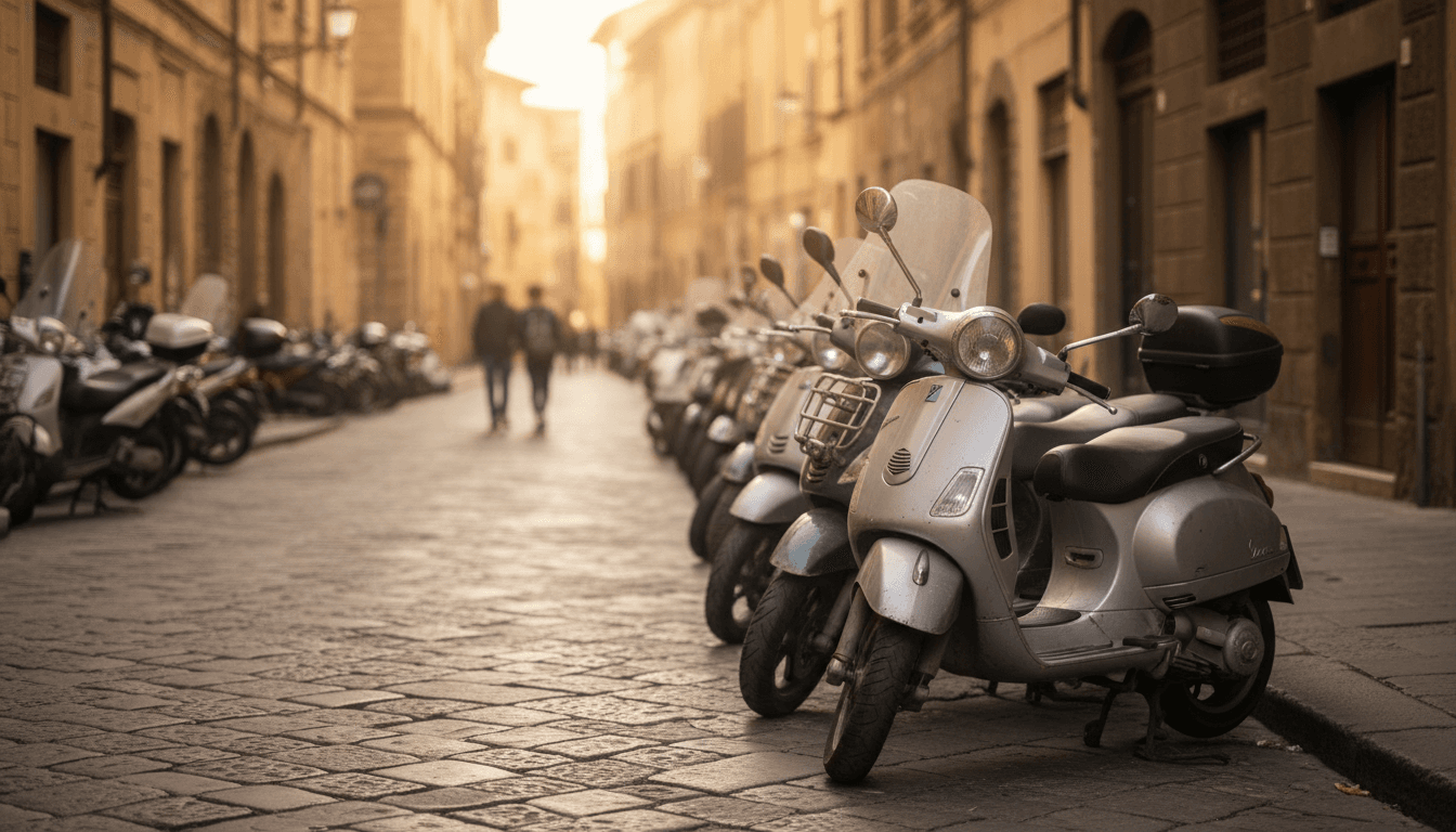 Scooter e moto usate parcheggiate su una strada italiana al tramonto