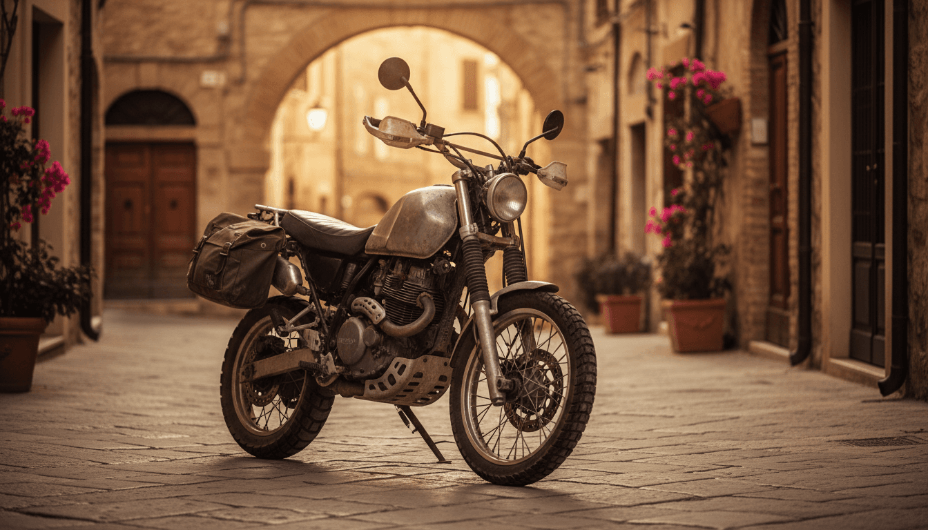 Moto adventure usata parcheggiata su una strada italiana al tramonto, luce calda