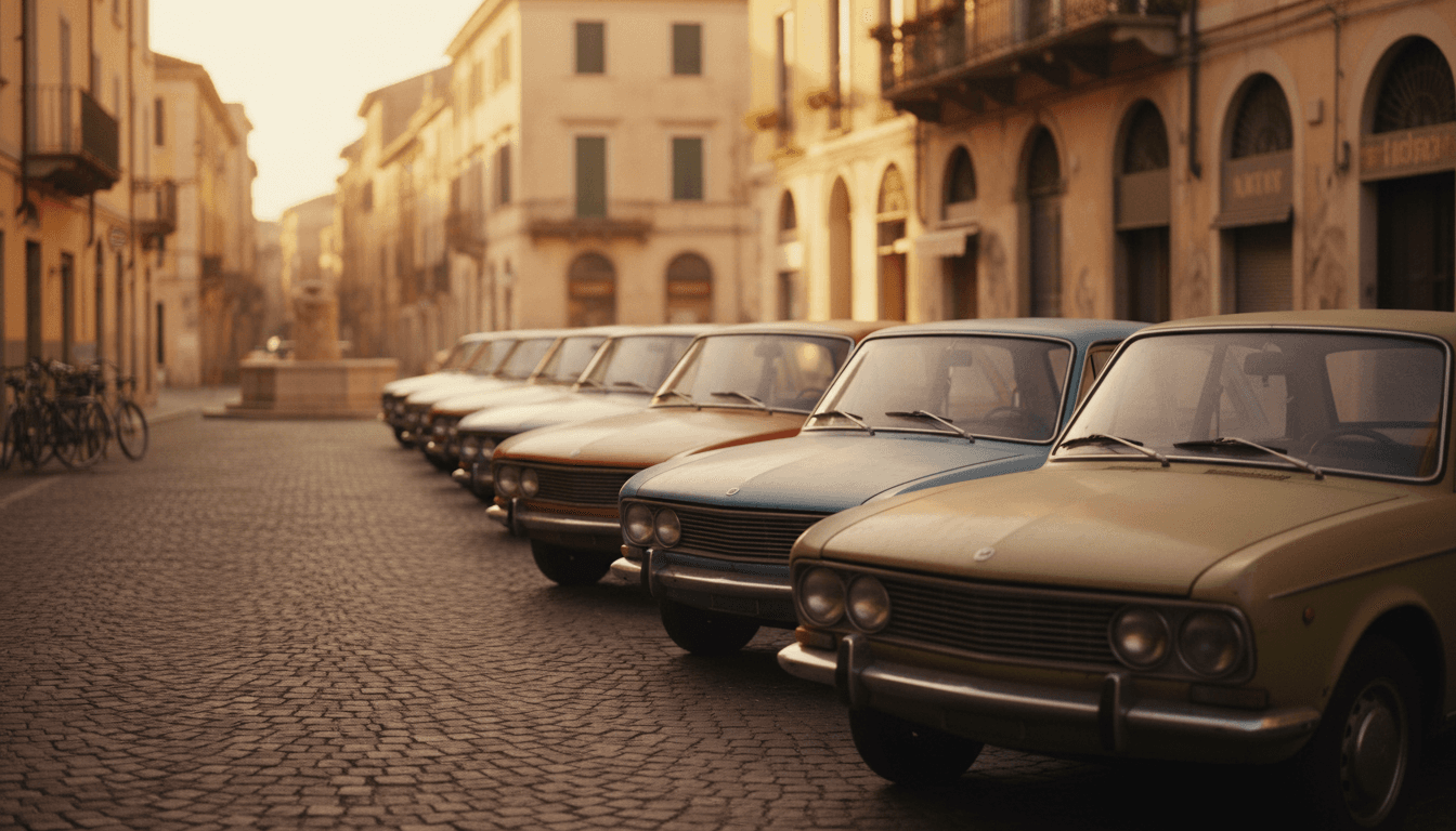 Fila di auto usate parcheggiate lungo una strada italiana al tramonto, luce calda dorata