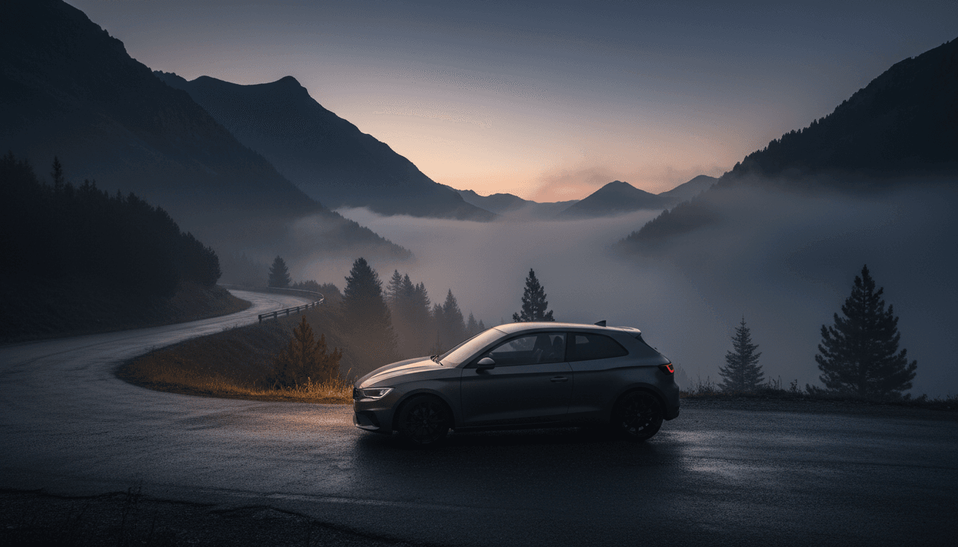 Silhouette di una hot hatch sportiva su una strada di montagna al crepuscolo
