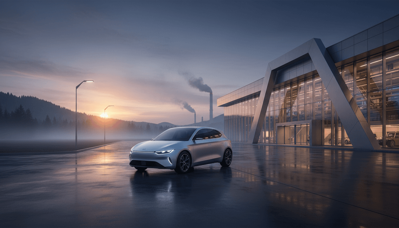 Auto compatta premium generica parcheggiata al crepuscolo davanti a uno stabilimento automobilistico europeo moderno