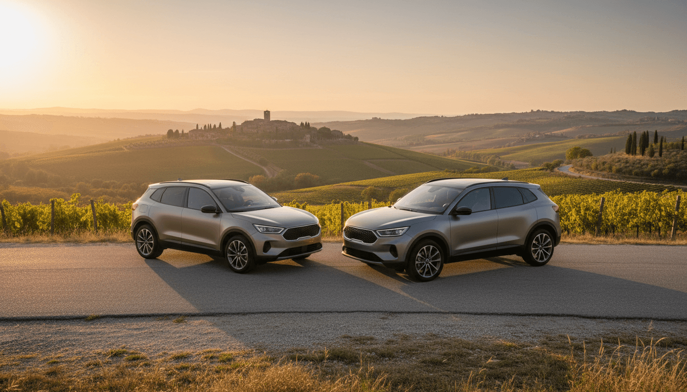 Due SUV di colori diversi parcheggiati fianco a fianco su una strada di campagna italiana al tramonto