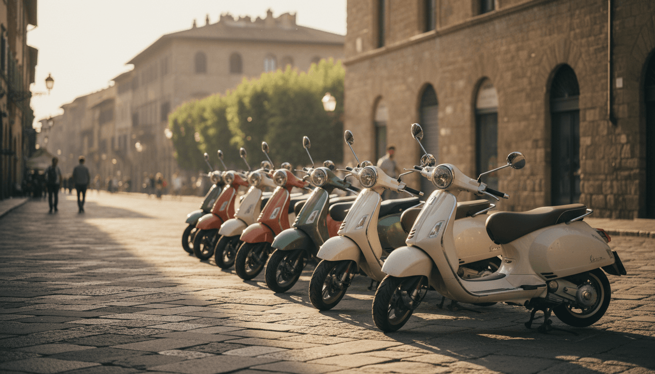 Fila di scooter parcheggiati lungo una via cittadina italiana nella luce calda del pomeriggio