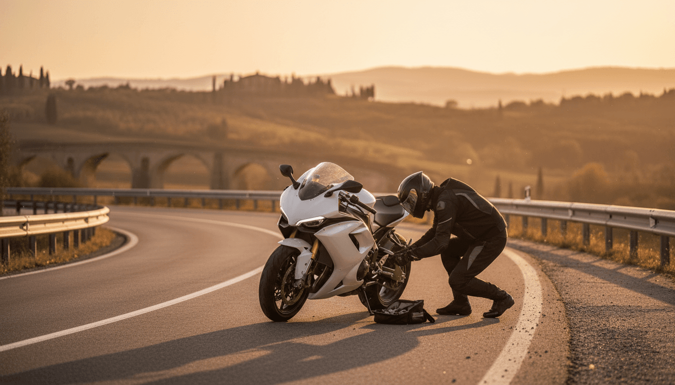 Un motociclista con equipaggiamento protettivo controlla la propria moto al tramonto vicino a un ingresso autostradale