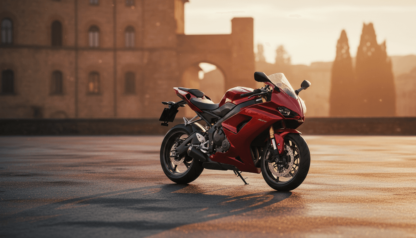 Una moto supersportiva di media cilindrata parcheggiata su asfalto bagnato al tramonto